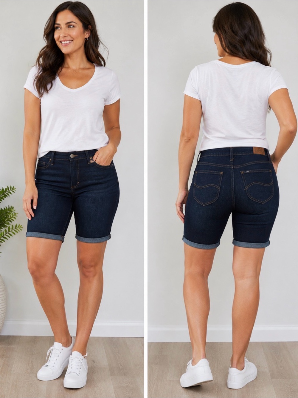 Lee Regular Fit Bermuda Shorts Women’s 12M Dark Wash Stretch Denim Mid Rise